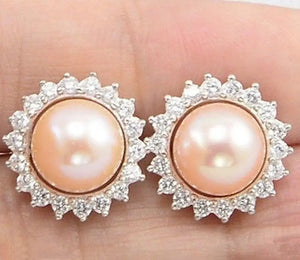 Pink Cultured Pearl Inlay Crystal Stud Earrings