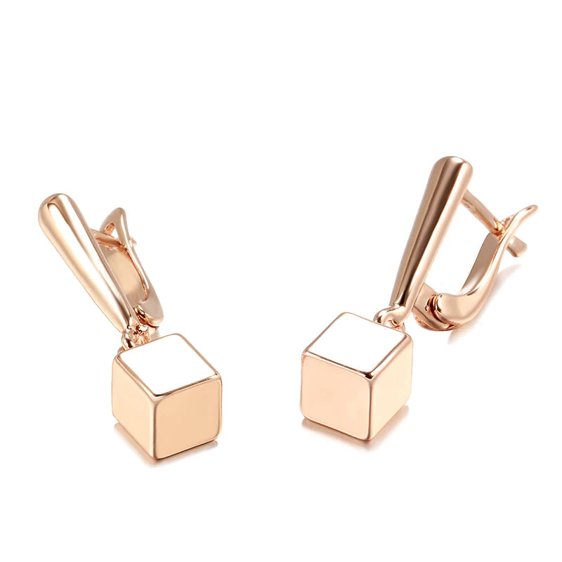 Geometric Pendant Earrings 585 Rose Glossy Solid Cube Hang Ear Minimalist Clip