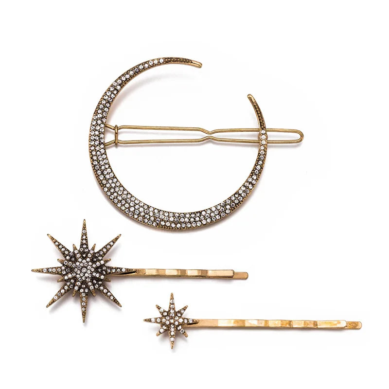 Geometric Stars Moon Rhinestone Hair Clip Set Snowflake Star Bride Hairpins