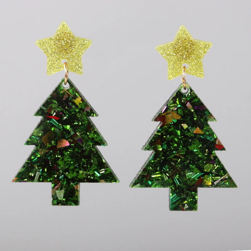 Glitter Acrylic Christmas Tree Drop Earrings - Colorful Xmas Party Jewelry