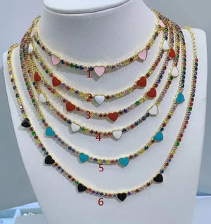 Colorful Enamel Heart Charm CZ Tennis Chain 32+5CM Women Choker Necklace