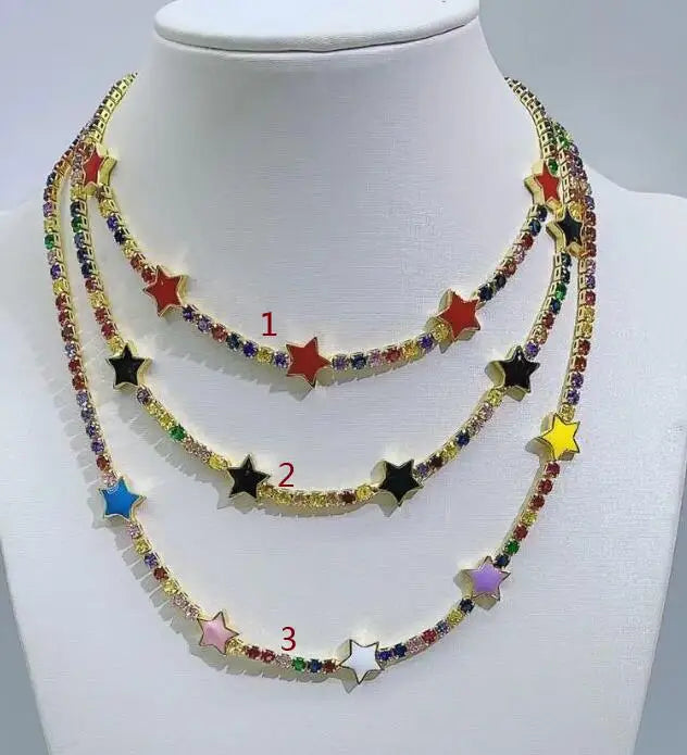 Enamel Star Charm CZ Tennis Chain Choker Necklace
