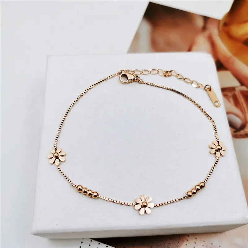 Stainless Steel Daisy Flower Anklet, Beads Foot Jewelry for Women