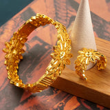 Plated Bangle Ring Set Leaves Cuff Bracelet Arabic Middle East Wedding Jewelry