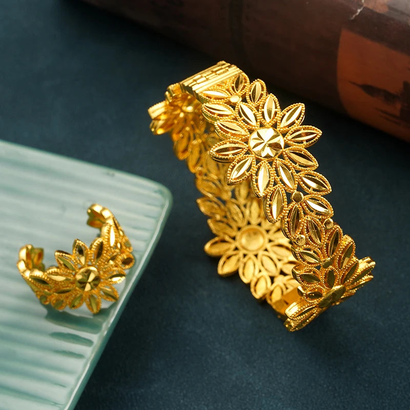 Plated Bangle Ring Set Leaves Cuff Bracelet Arabic Middle East Wedding Jewelry