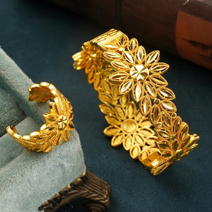 Plated Bangle Ring Set Leaves Cuff Bracelet Arabic Middle East Wedding Jewelry