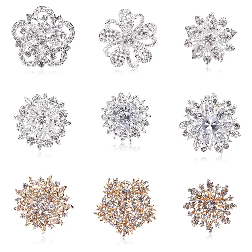 Gold Rhinestone Flower Brooch for Women