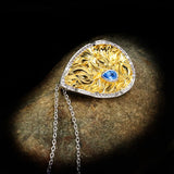 Golden Sapphire Pendant Necklace 925 Silver Ladies Jewelry Embossed