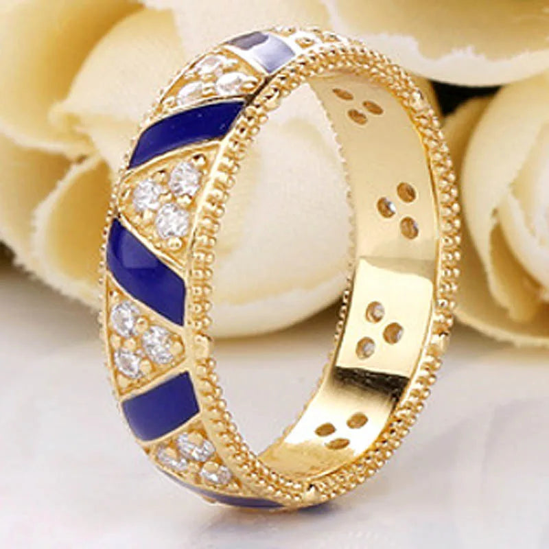 Golden Shine Stones And Stripes Ring Enamel For Women 925 Sterling Silver Ring