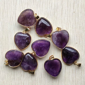 Amethyst Stone Gold-Plated Heart Pendants 25mm 8pcs