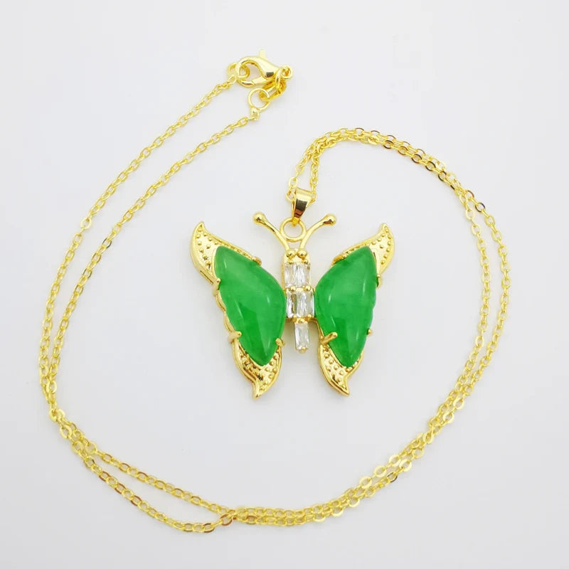 30X32MM Green Jade Butterfly Pendant with Zircon Inlay