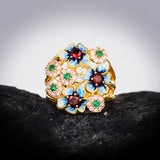 925 Silver Flower Ring Zircon Enamel Women's Jewelry