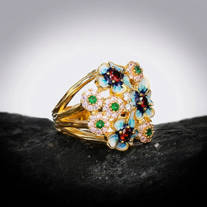 925 Silver Flower Ring Zircon Enamel Women's Jewelry