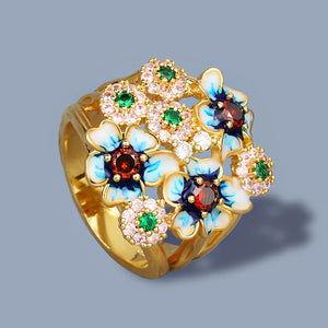 925 Silver Flower Ring Zircon Enamel Women's Jewelry