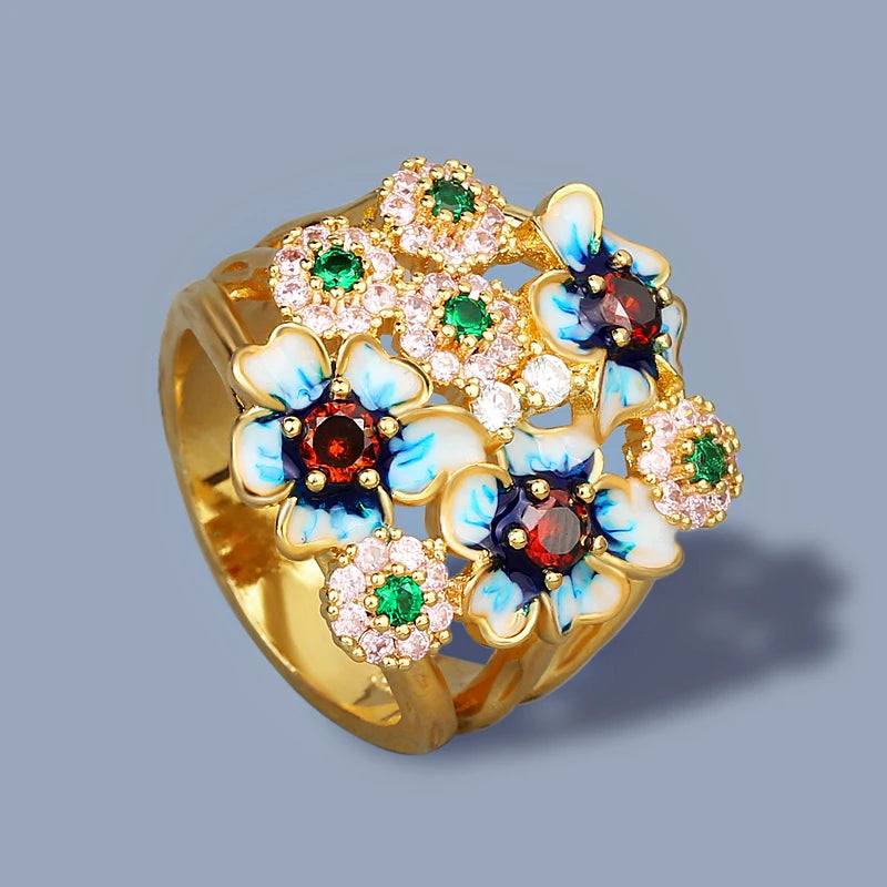 925 Silver Flower Ring Zircon Enamel Women's Jewelry