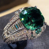 Square Green Stone Wedding Ring Micro Paved CZ Elegant Engagement Jewelry
