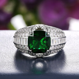 Square Green Stone Wedding Ring Micro Paved CZ Elegant Engagement Jewelry