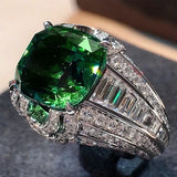 Square Green Stone Wedding Ring Micro Paved CZ Elegant Engagement Jewelry