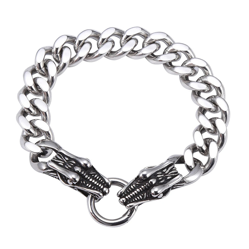 Gothic Stainless Steel Double Dragon Head Bracelet Men Charm Link Chain Male