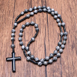 Gray Ripple Stone Hematite Cross Necklace