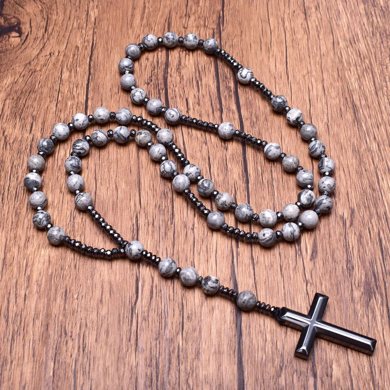 Gray Ripple Stone Hematite Cross Necklace