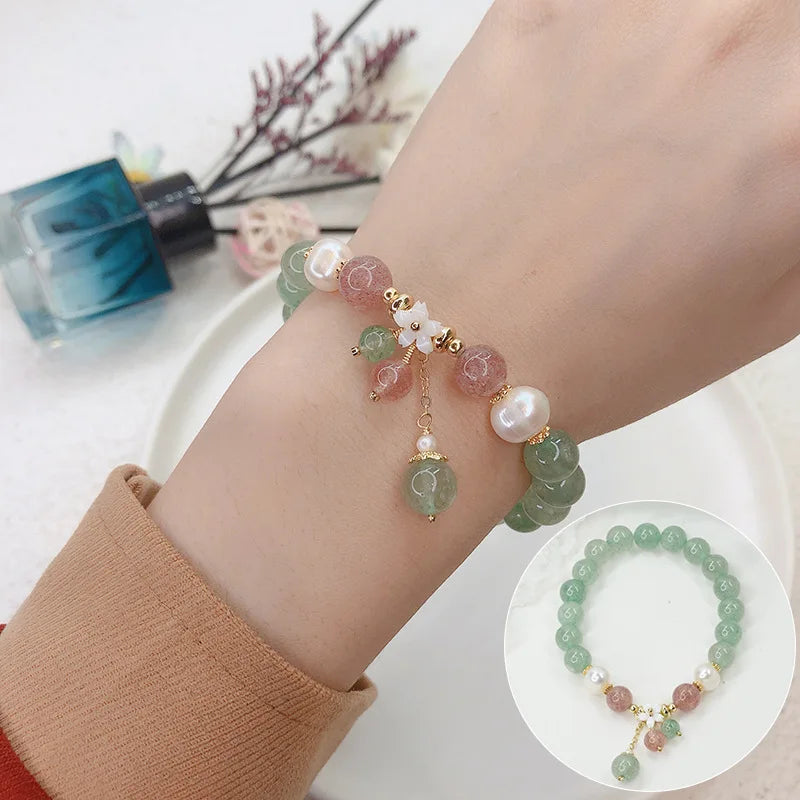 Green Strawberry Crystal Bracelet for Women Peach Blossom Pearl Bracelet