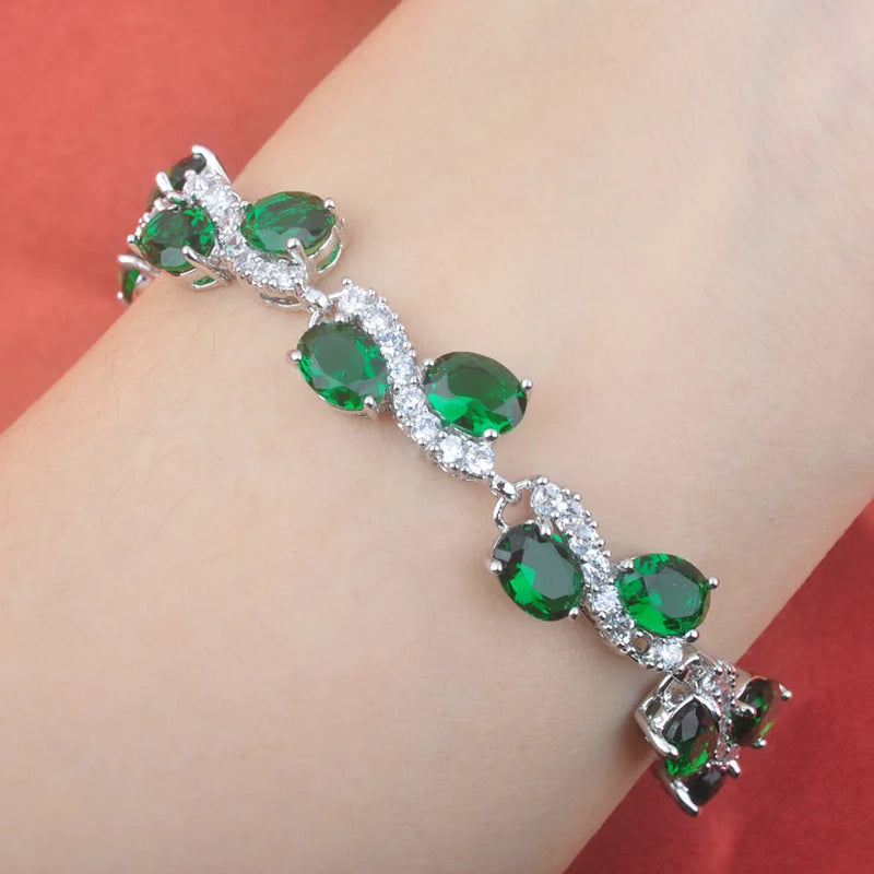 Green Zircinia CZ Silver Women Link Chain Bracelet