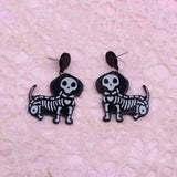 Animal Skull Bone Green Eyes Cat Ear Studs Novelty Jewelry
