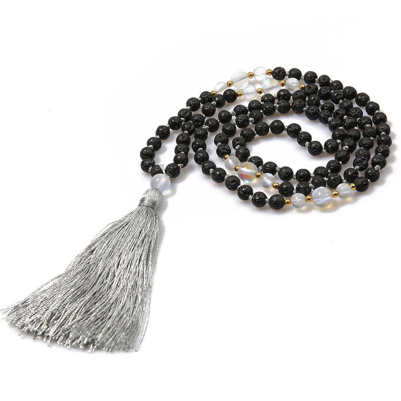 Hand Knotted Sweater Chain Real Volcanic Stone Moonstone Beads Necklace