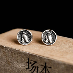 Antique 925 Sterling Silver Round Stud Earrings - Hand Shaped