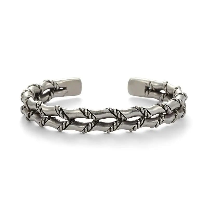 Hand-woven Bamboo Bracelet Men's Retro Silver Open Bracelet