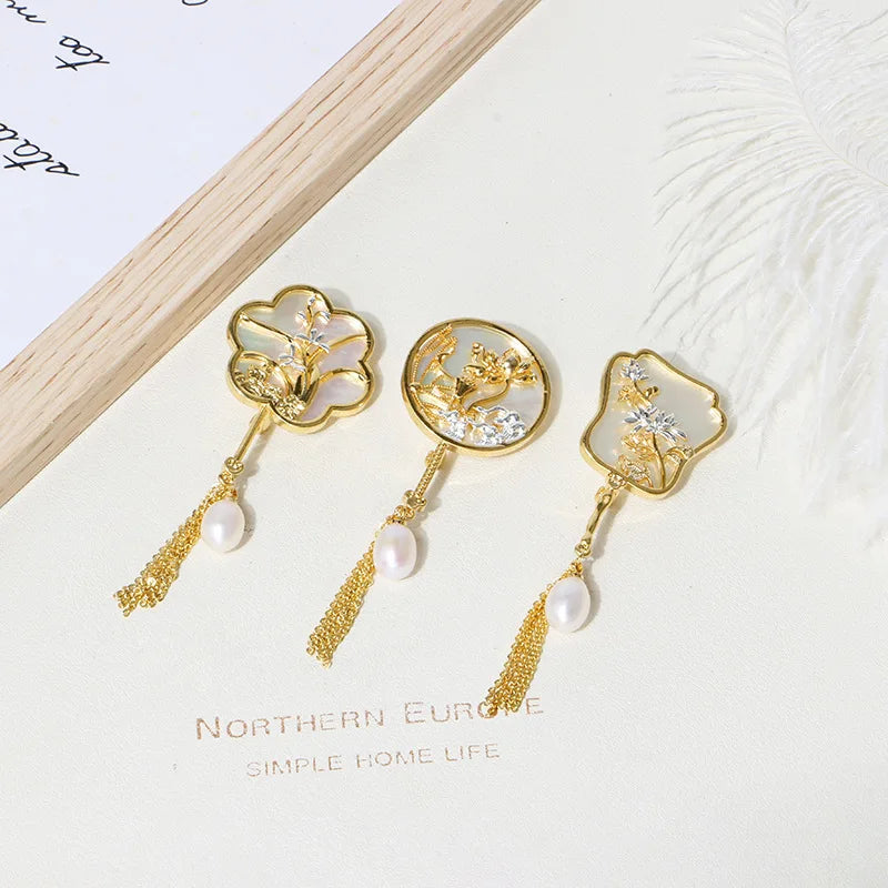 Vintage 14K Plated Pearl Shell Tassel Brooch for Women