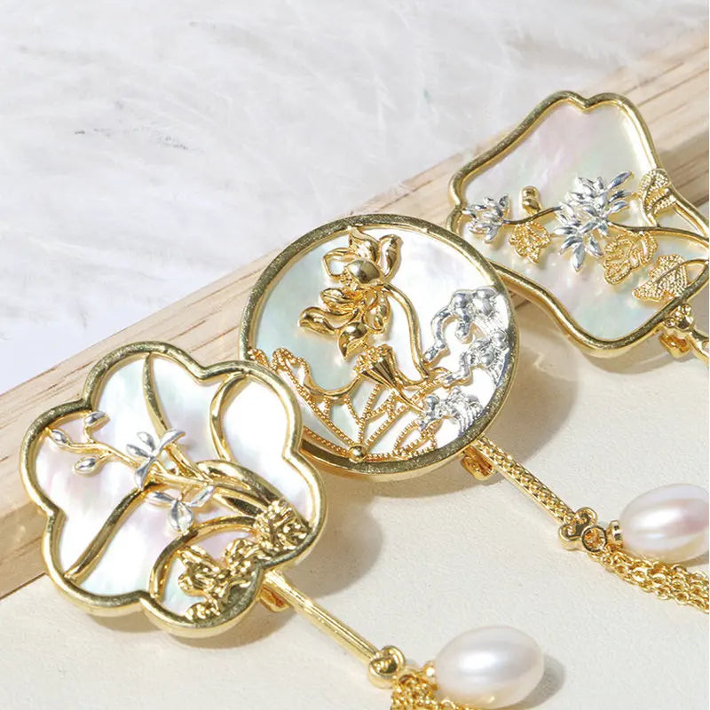 Vintage 14K Plated Pearl Shell Tassel Brooch for Women