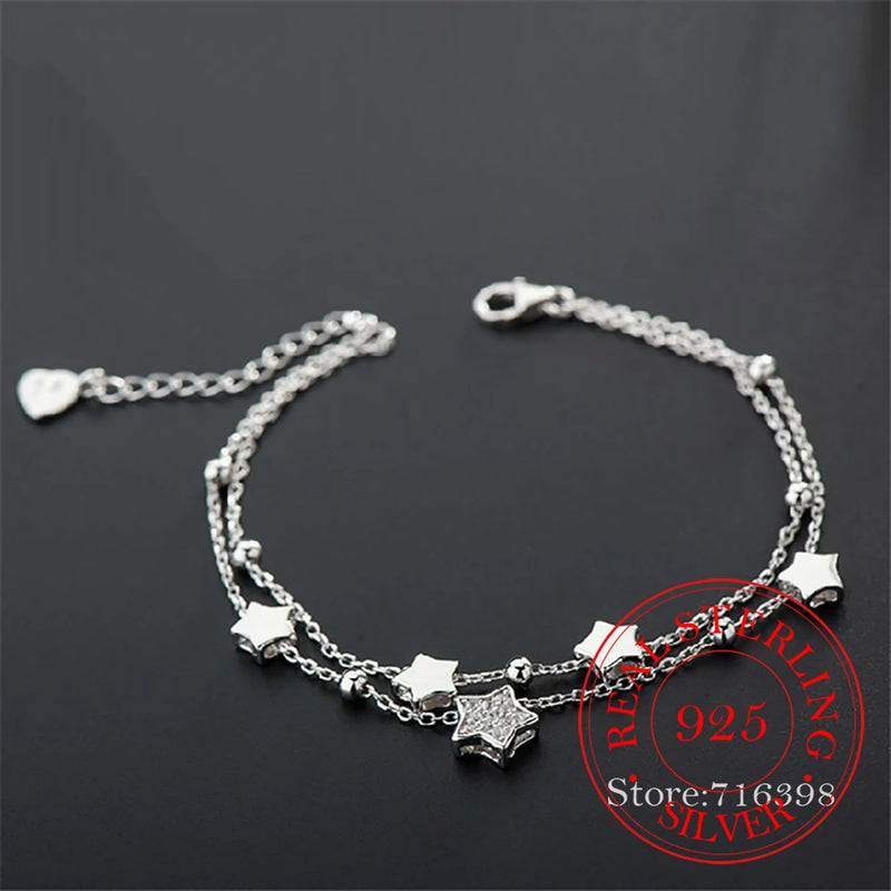 Crystal Star Bead 925 Silver Charm Bracelet Bangle for Women Wedding Party