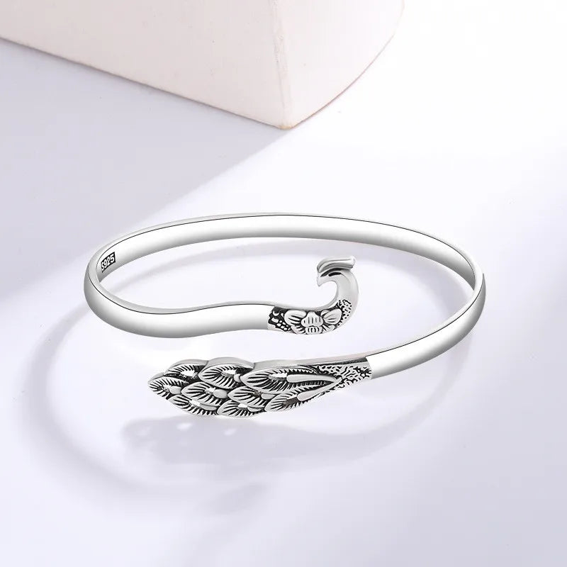 925 Silver Peacock Flaunting Tail Open Charms Bangle Women Sterling Jewelry