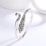 925 Silver Peacock Flaunting Tail Open Charms Bangle Women Sterling Jewelry