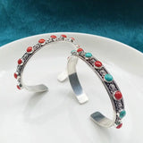 Retro Silver Green Stone Bracelet Open Bracelet Ethnic Style