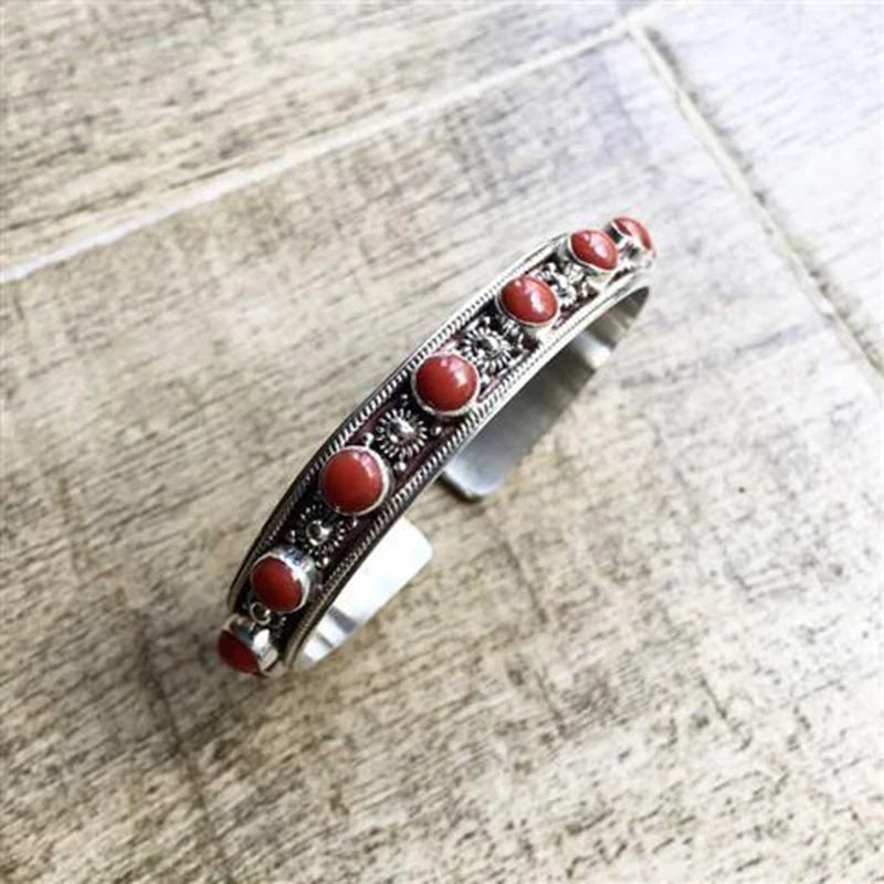Retro Silver Green Stone Bracelet Open Creative Tibetan Ethnic Style
