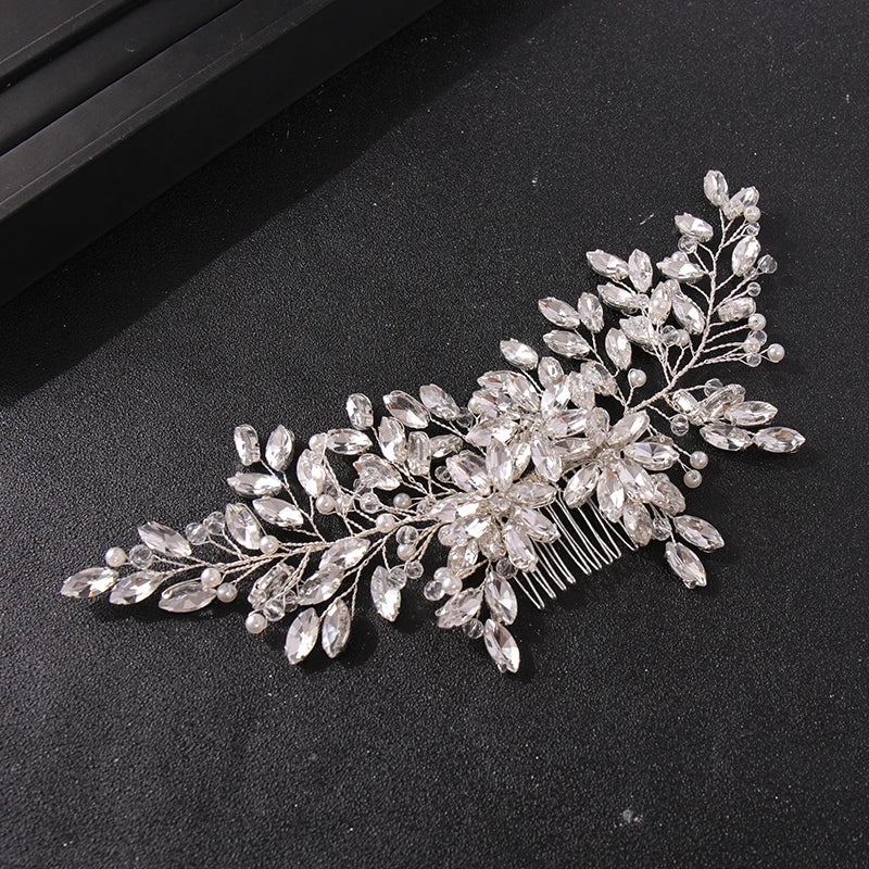 Silver Rose Tiara Hair Combs Crystal Rhinestone Bridal Accessories