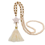 Long Star Tassel Wooden Beaded Necklace for Women