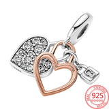 Heart Padlock Double Dangle Charm 925 Sterling Silver Beads Fit 925 Bracelet