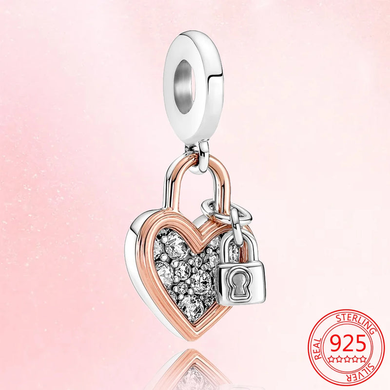 Heart Padlock Double Dangle Charm 925 Sterling Silver Beads Fit 925 Bracelet