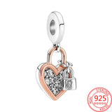 Heart Padlock Double Dangle Charm 925 Sterling Silver Beads Fit 925 Bracelet