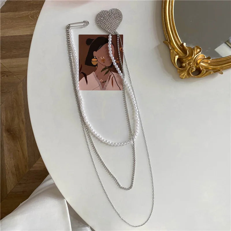 Heart Pearl Crystal Chain Brooch Collars Pins for Women