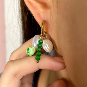 Green Glass Beaded Charm Hoop Earrings