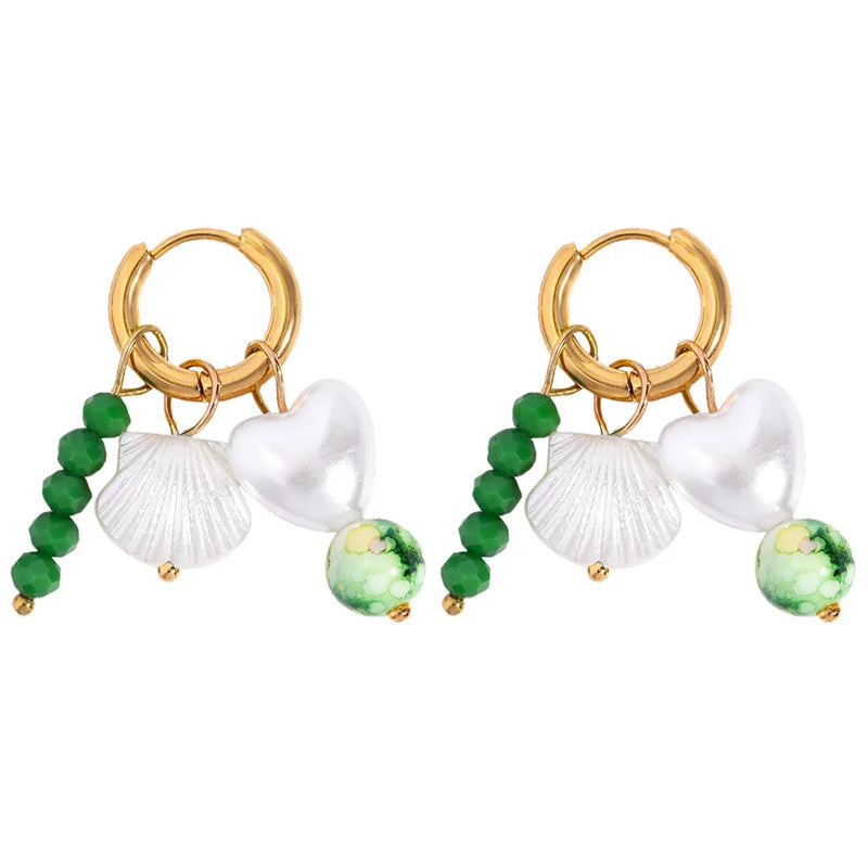 Green Glass Beaded Charm Hoop Earrings
