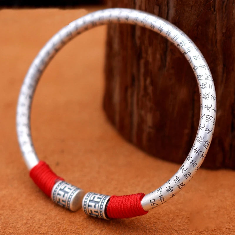 Heart Sutra Zodiac Year Bracelet Ethnic Style Silver Red String Birthday Gift