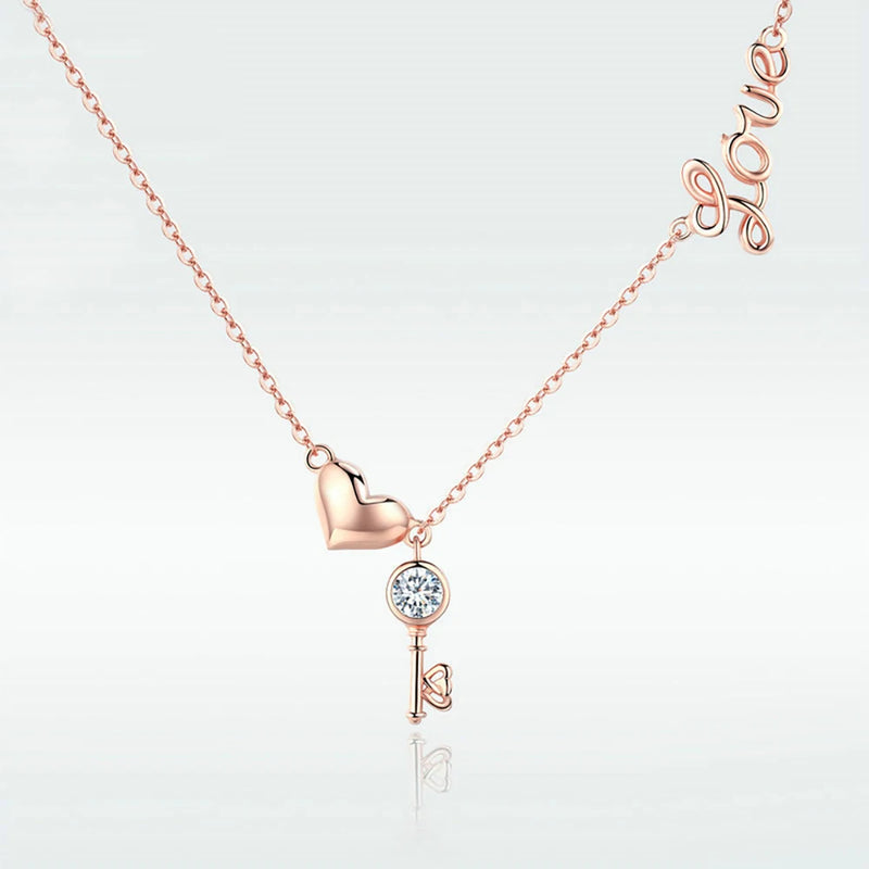 Heart Key Zircon Necklace 100% S925 Silver Love Necklace