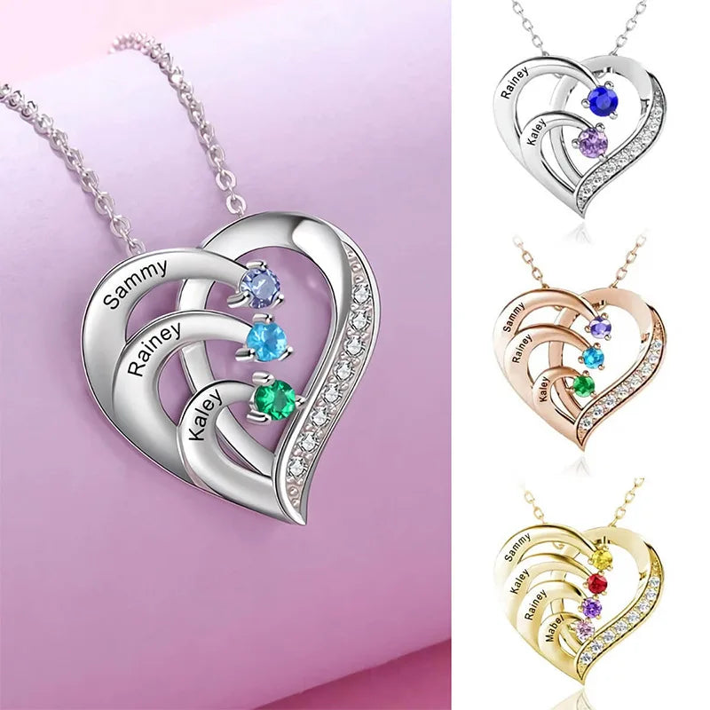 Heart Necklace Unisex Three Name Diamond Pendant Jewelry
