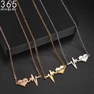 Heartbeat Symbol Engraved Name Date Necklace Stainless Steel Necklaces for Women